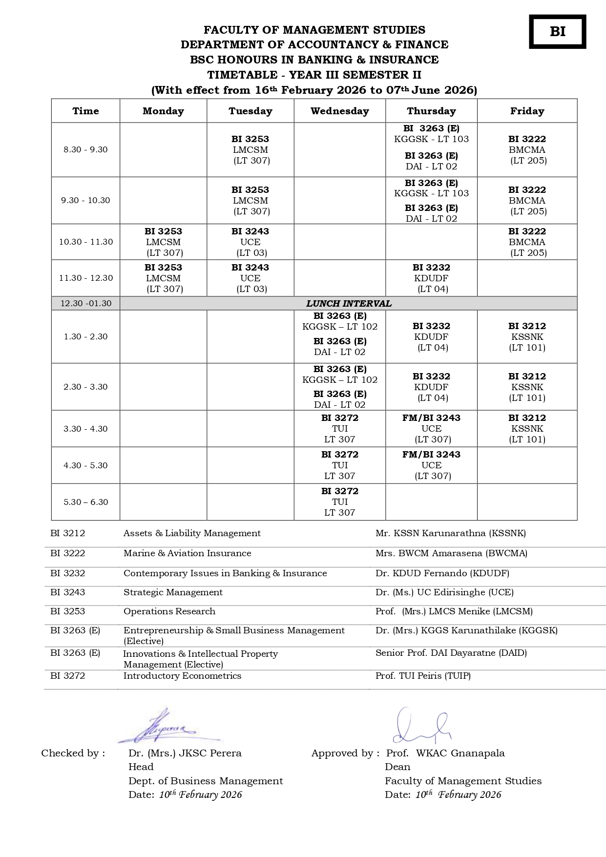 Semester Timetables