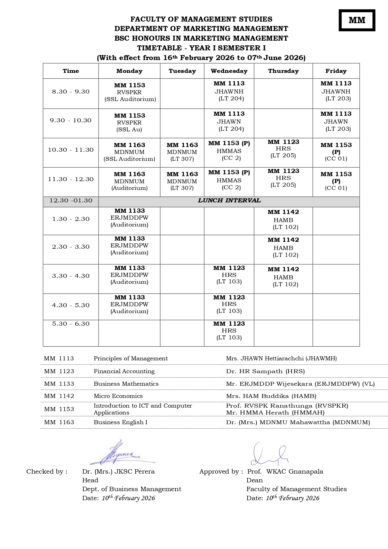 Semester Timetables