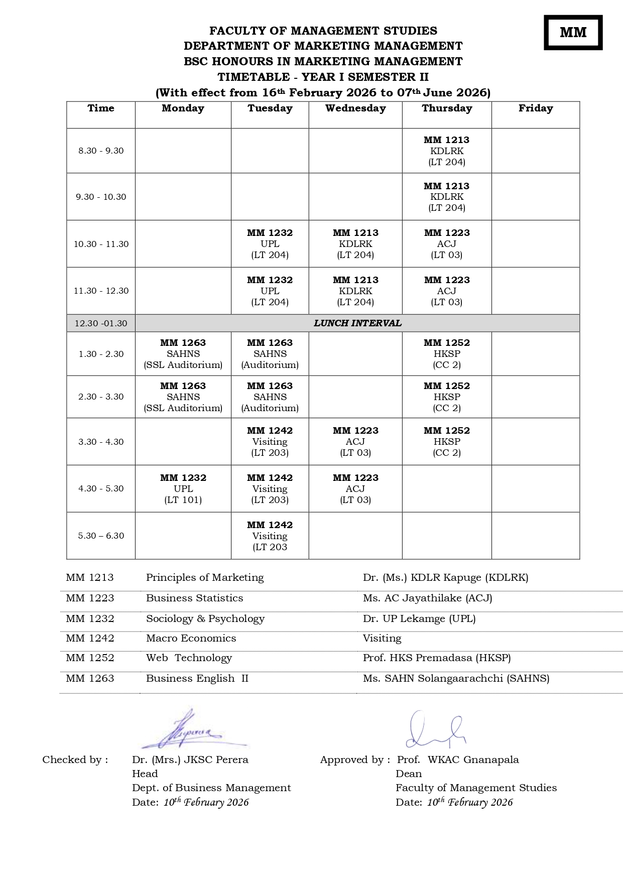Semester Timetables