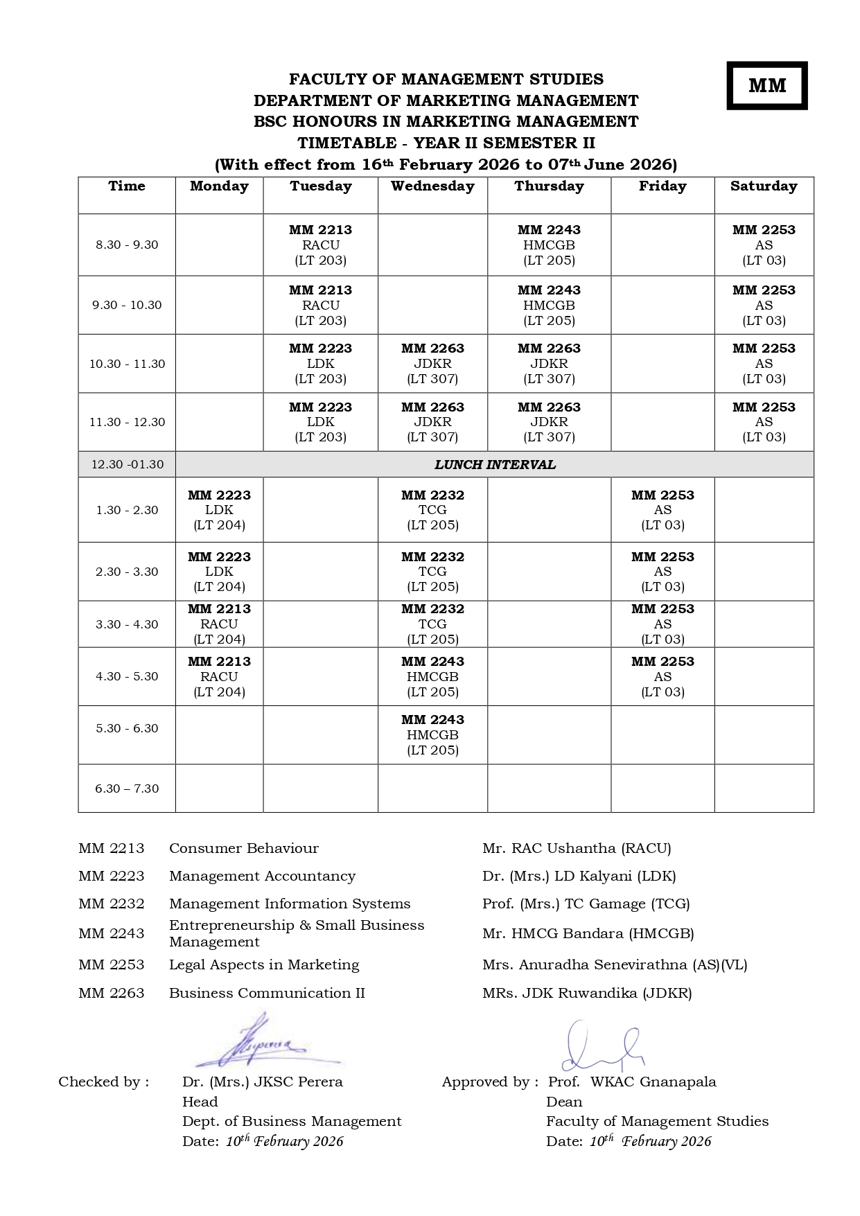 Semester Timetables