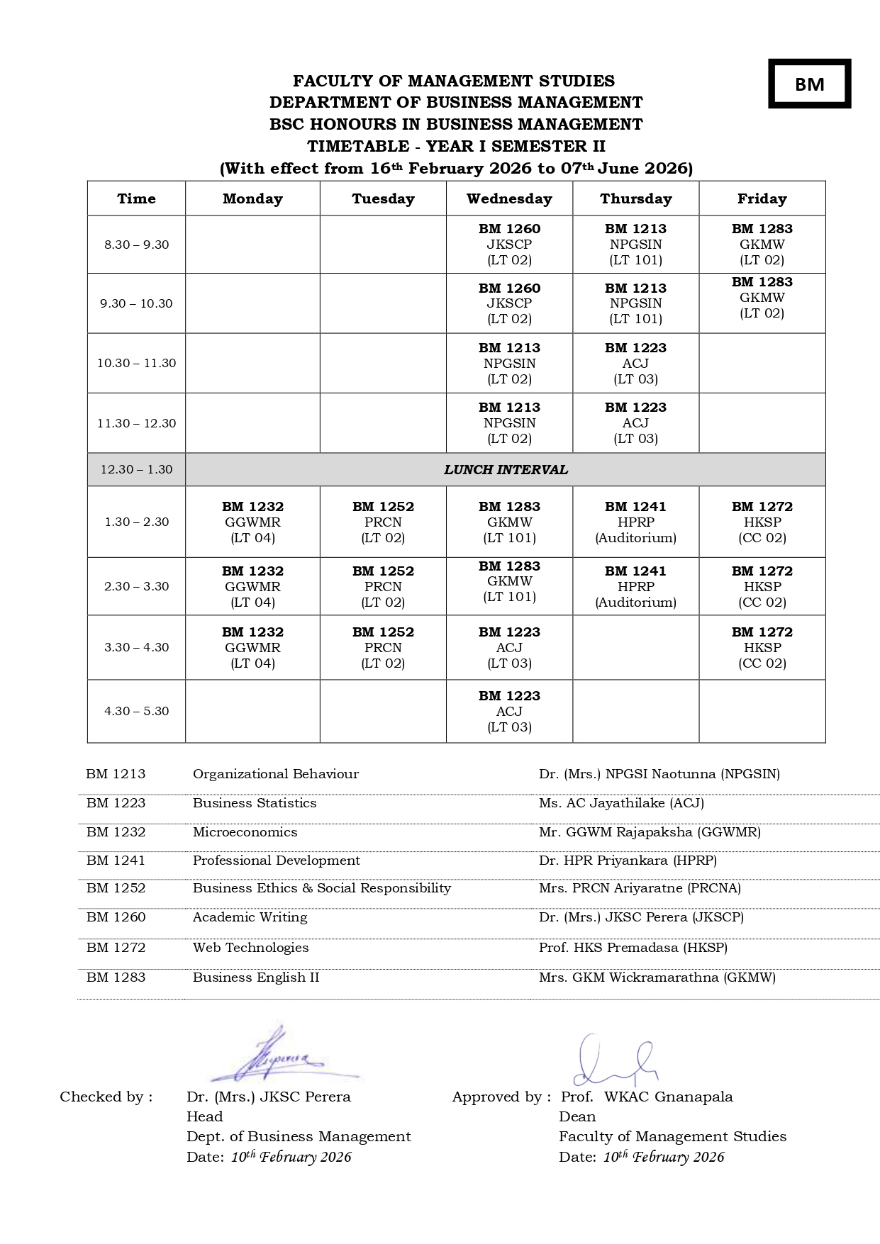 Semester Timetables