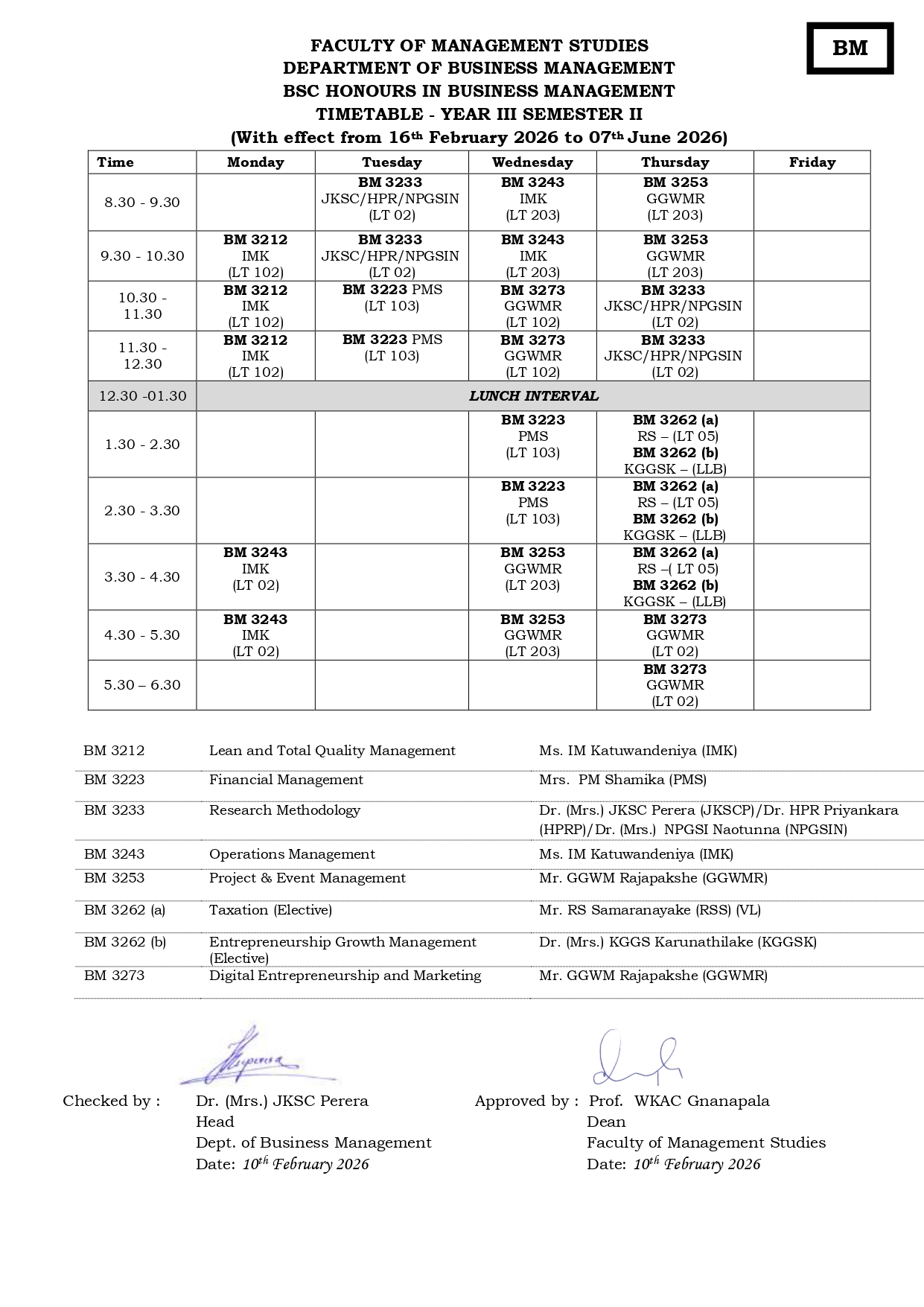 Semester Timetables