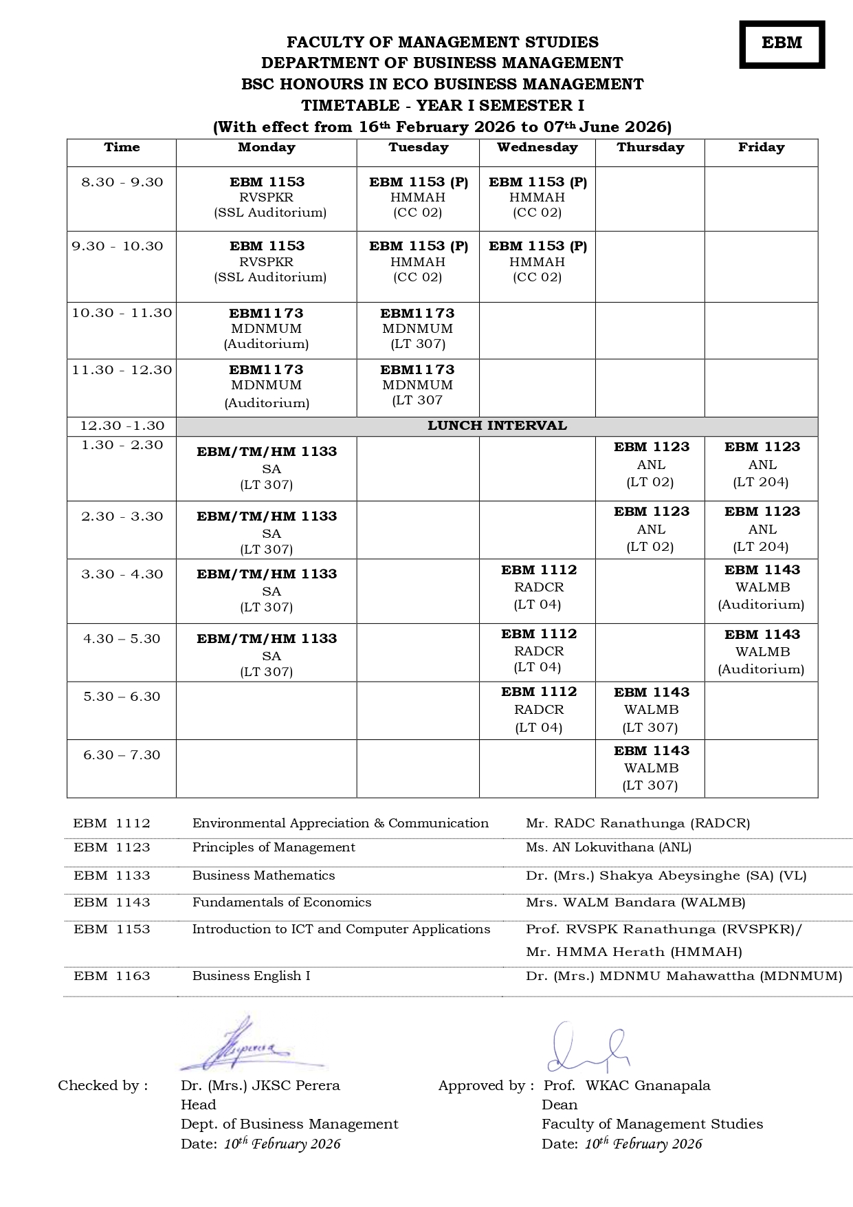 Semester Timetables