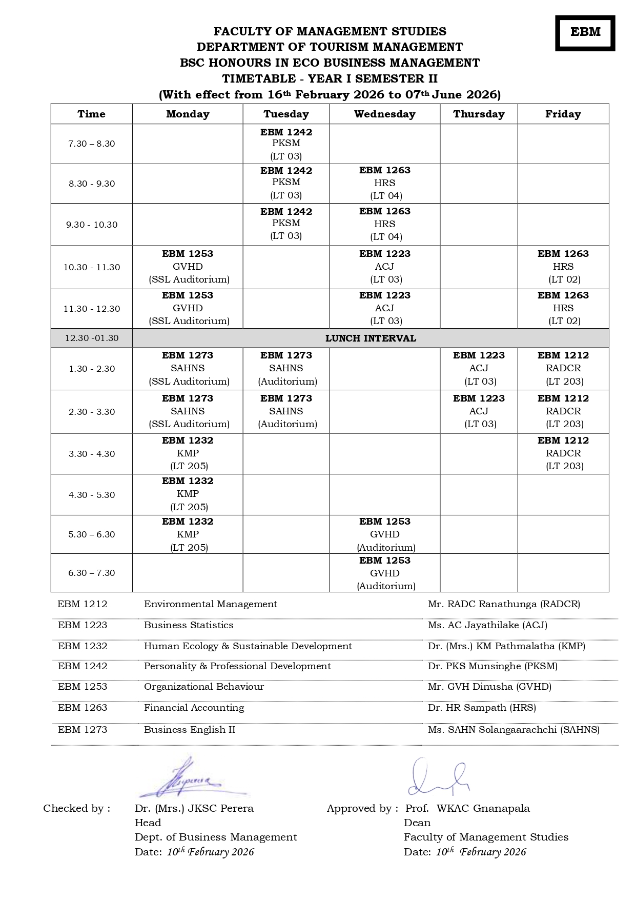 Semester Timetables