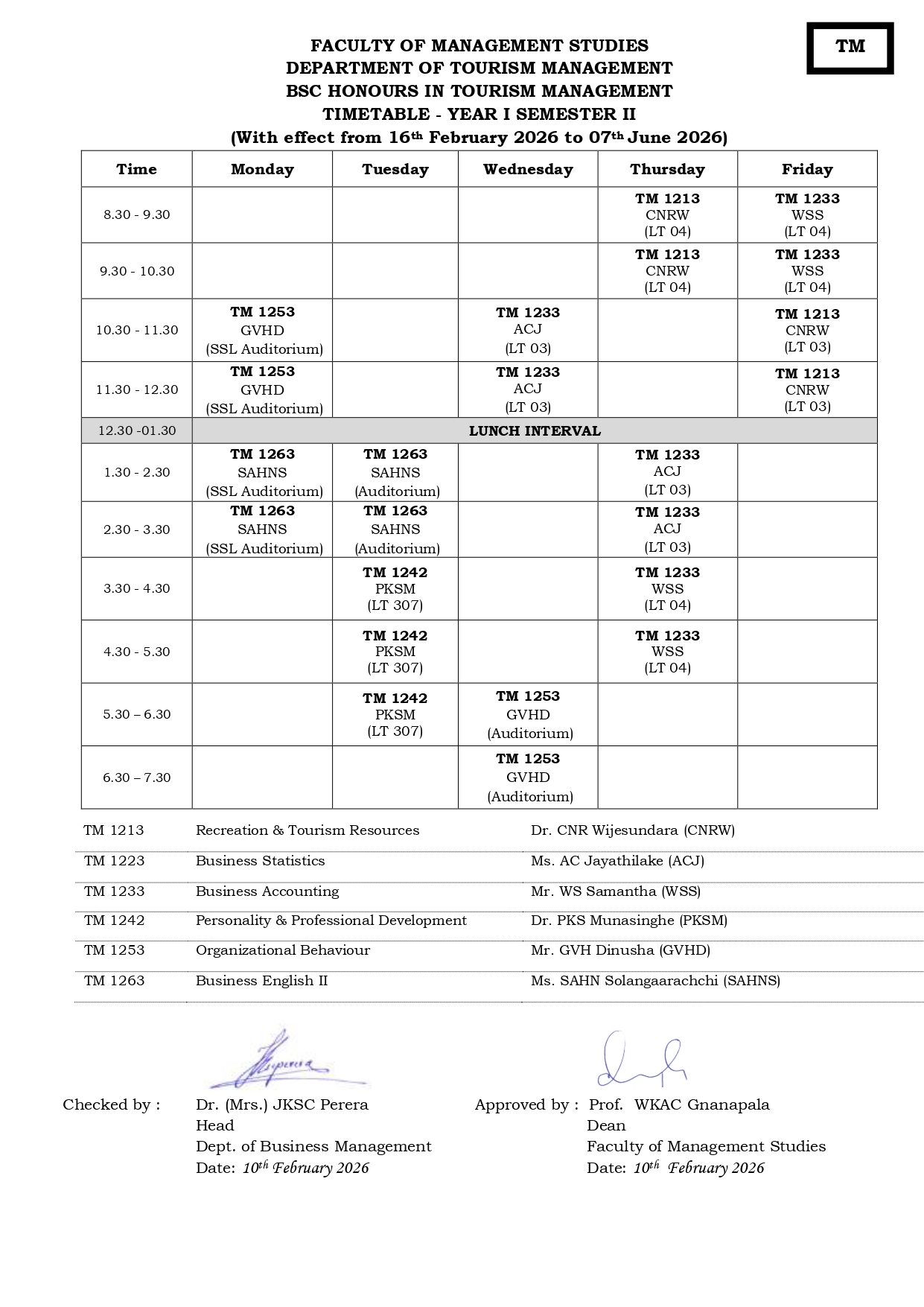 Semester Timetables