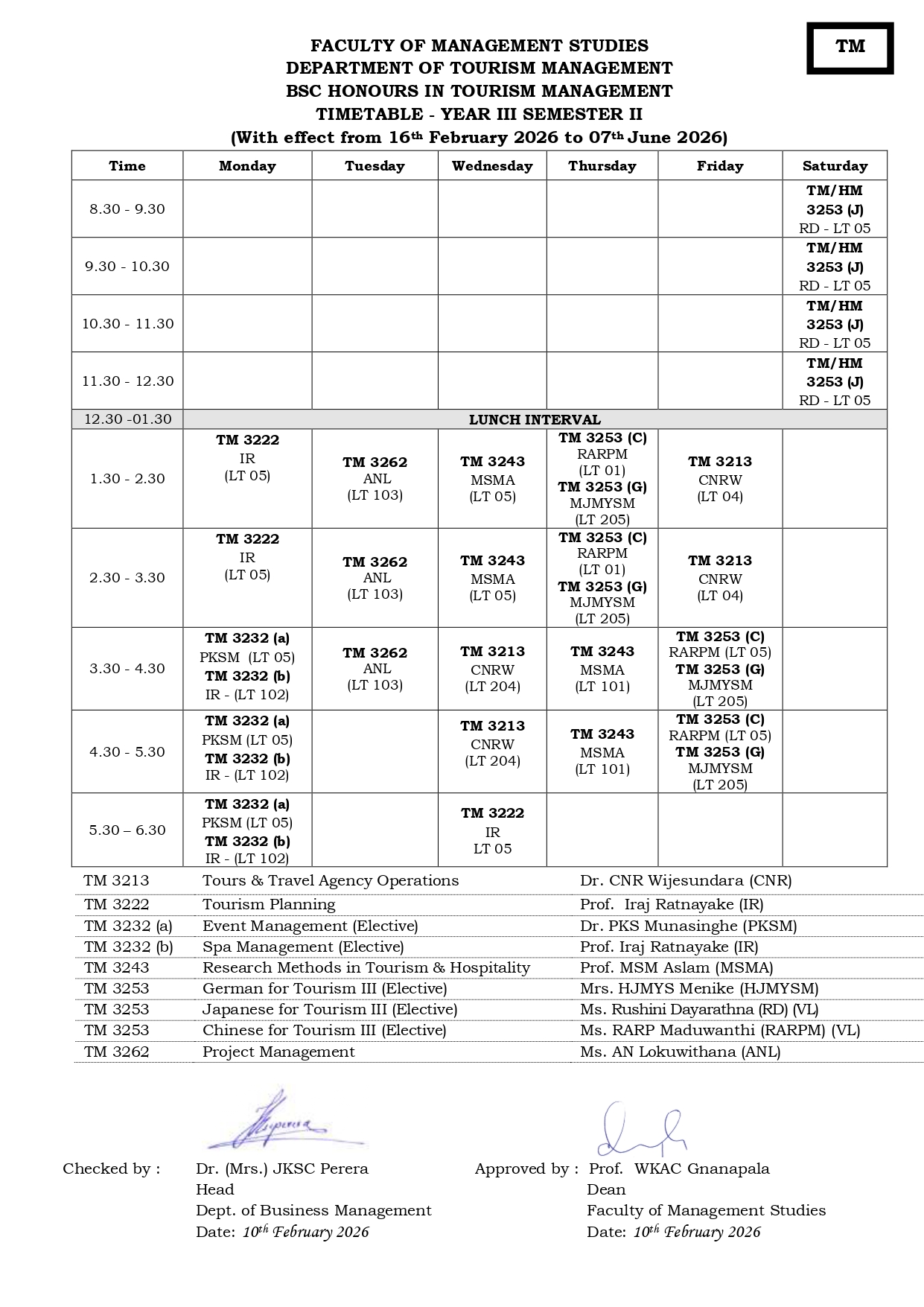 Semester Timetables