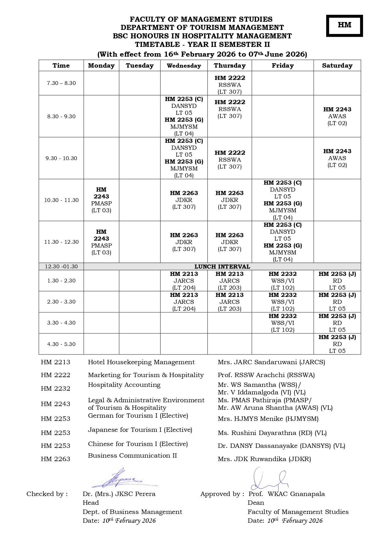 Semester Timetables