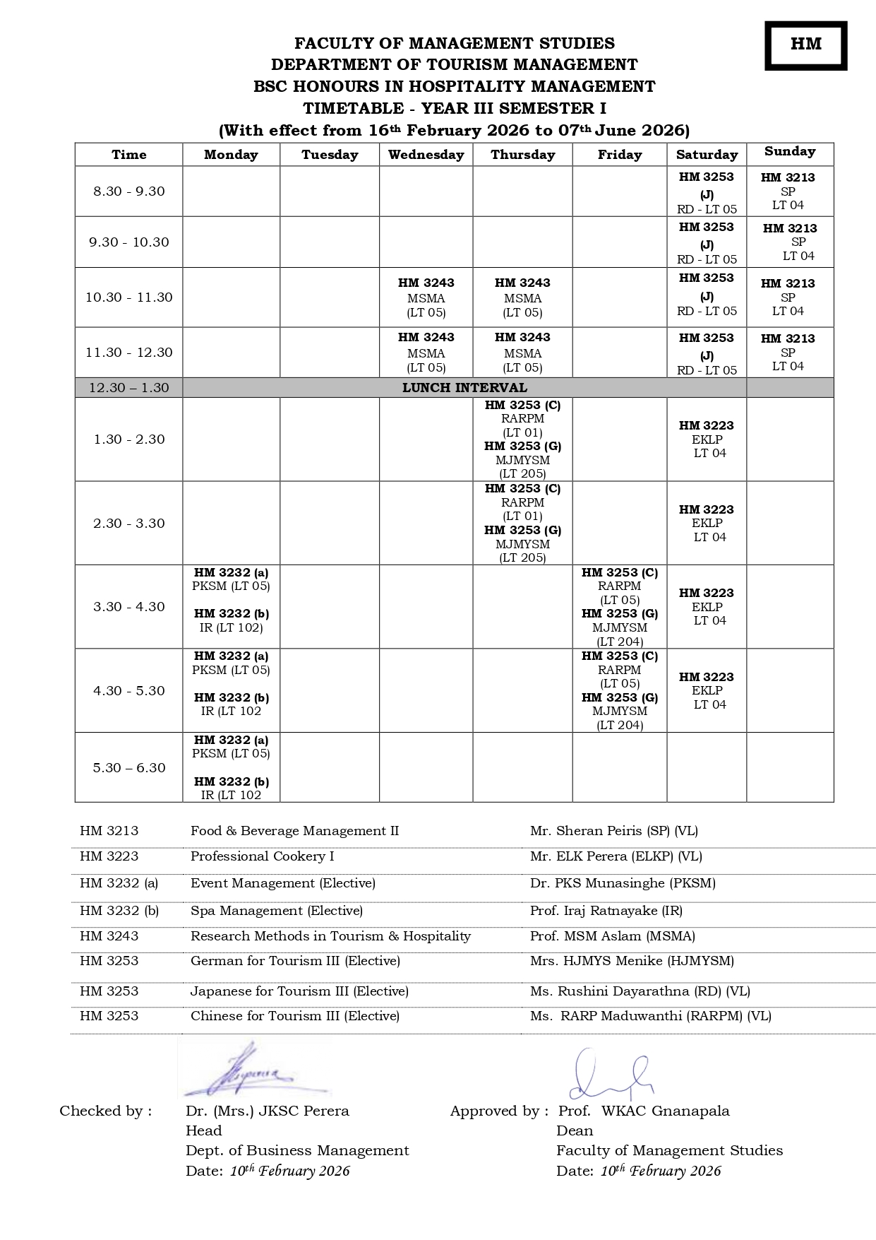 Semester Timetables