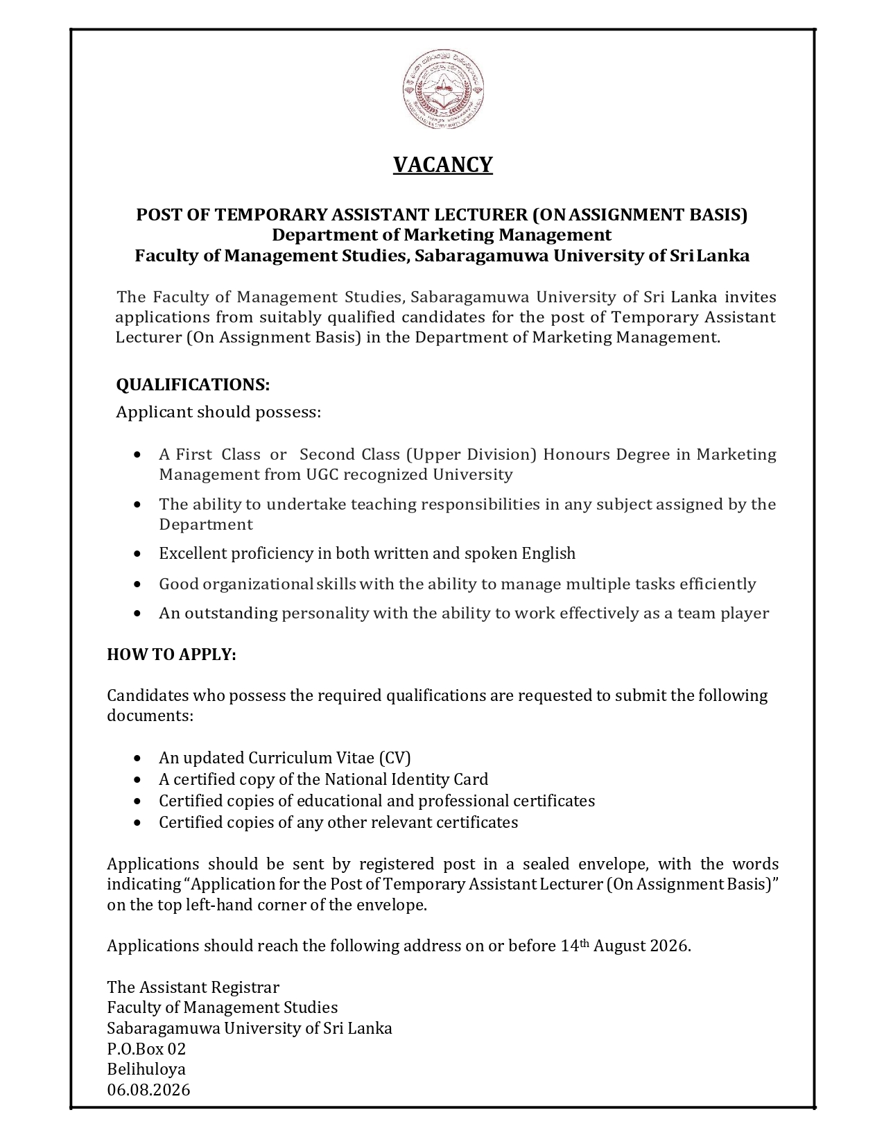 POST OF TEMPORARY ASSISTANT LECTURER (ON ASSIGNMENT BASIS)