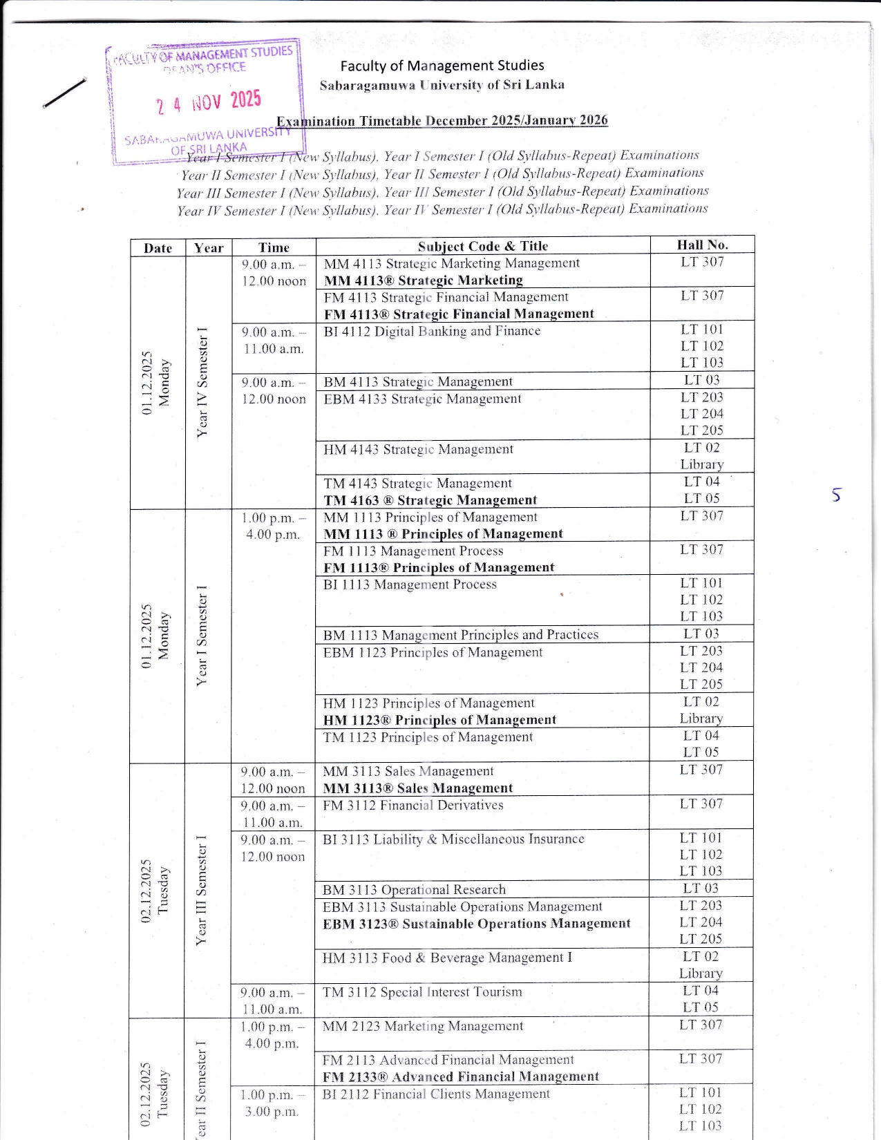 Examination Timetable December 2025/January 2026