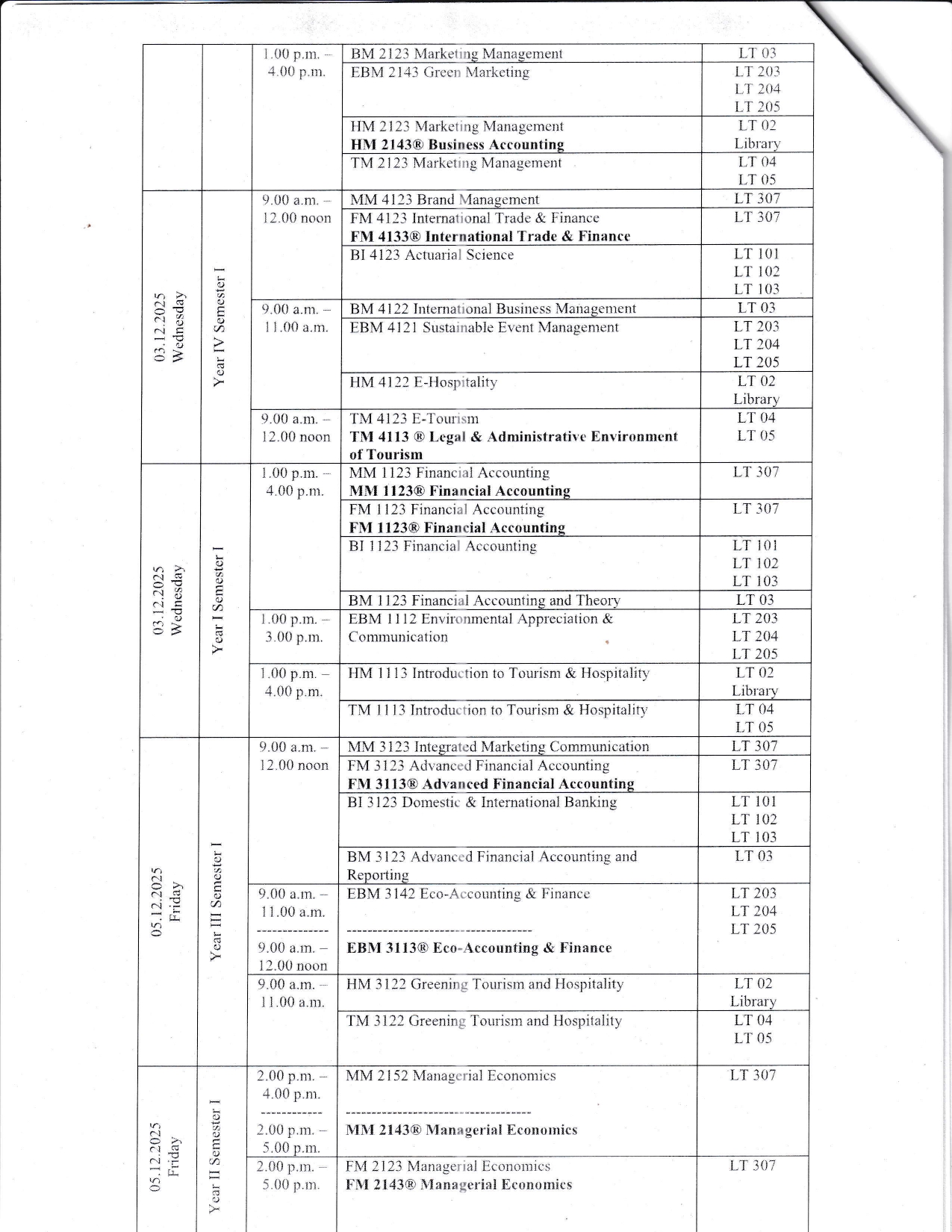 Examination Timetable December 2025/January 2026