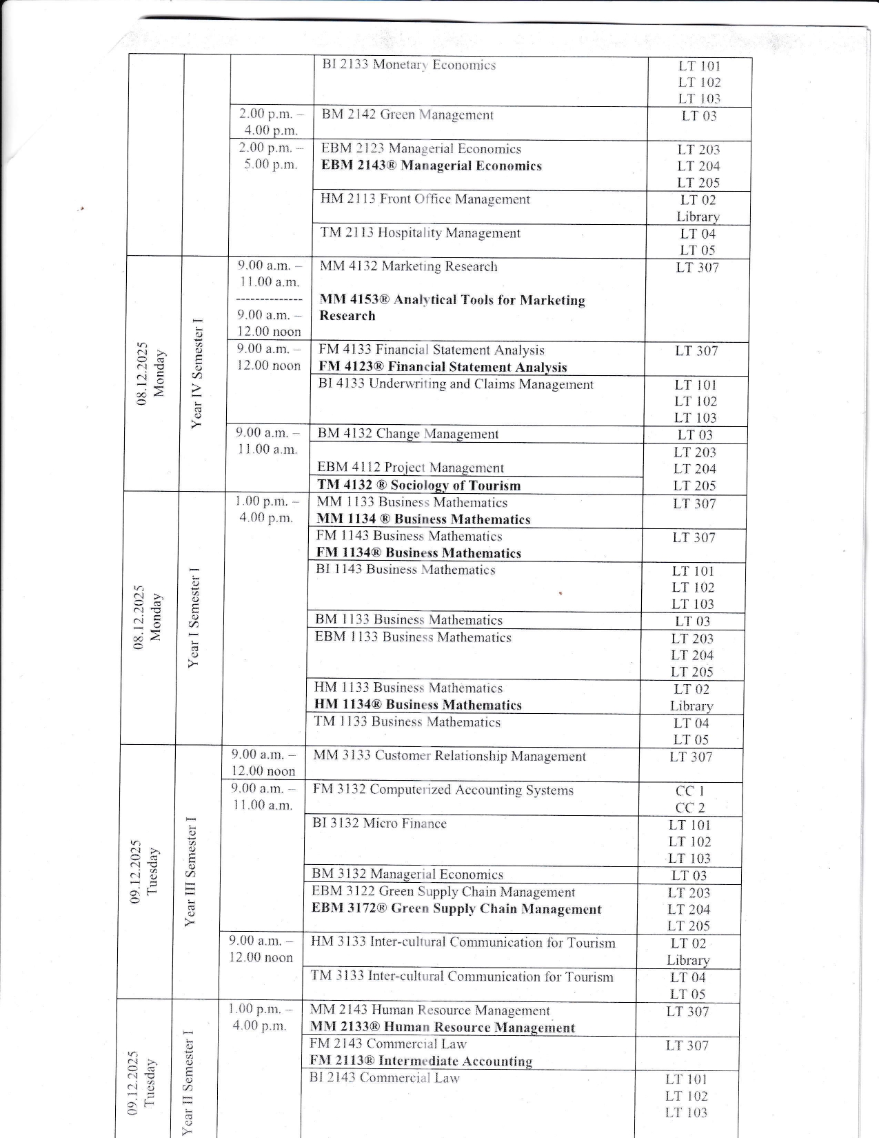Examination Timetable December 2025/January 2026