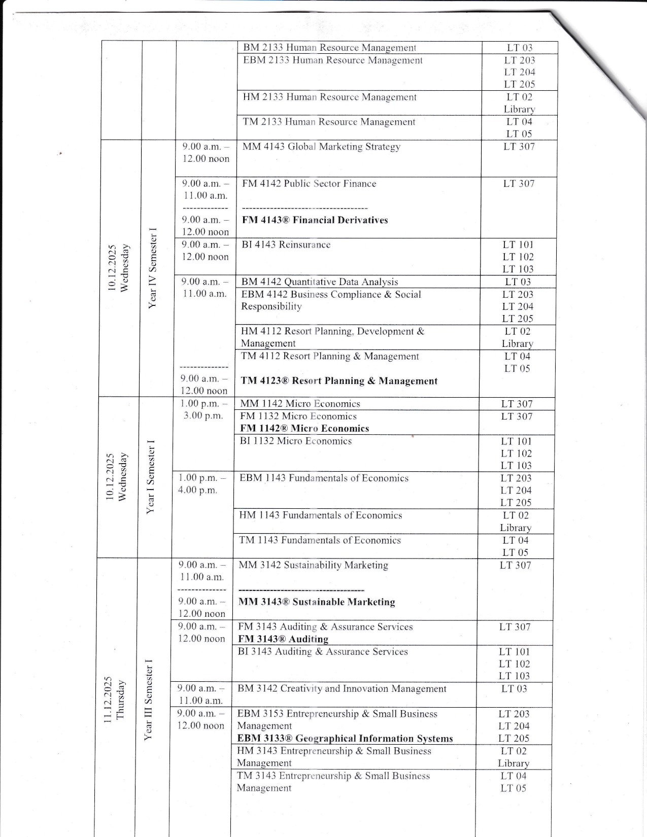 Examination Timetable December 2025/January 2026
