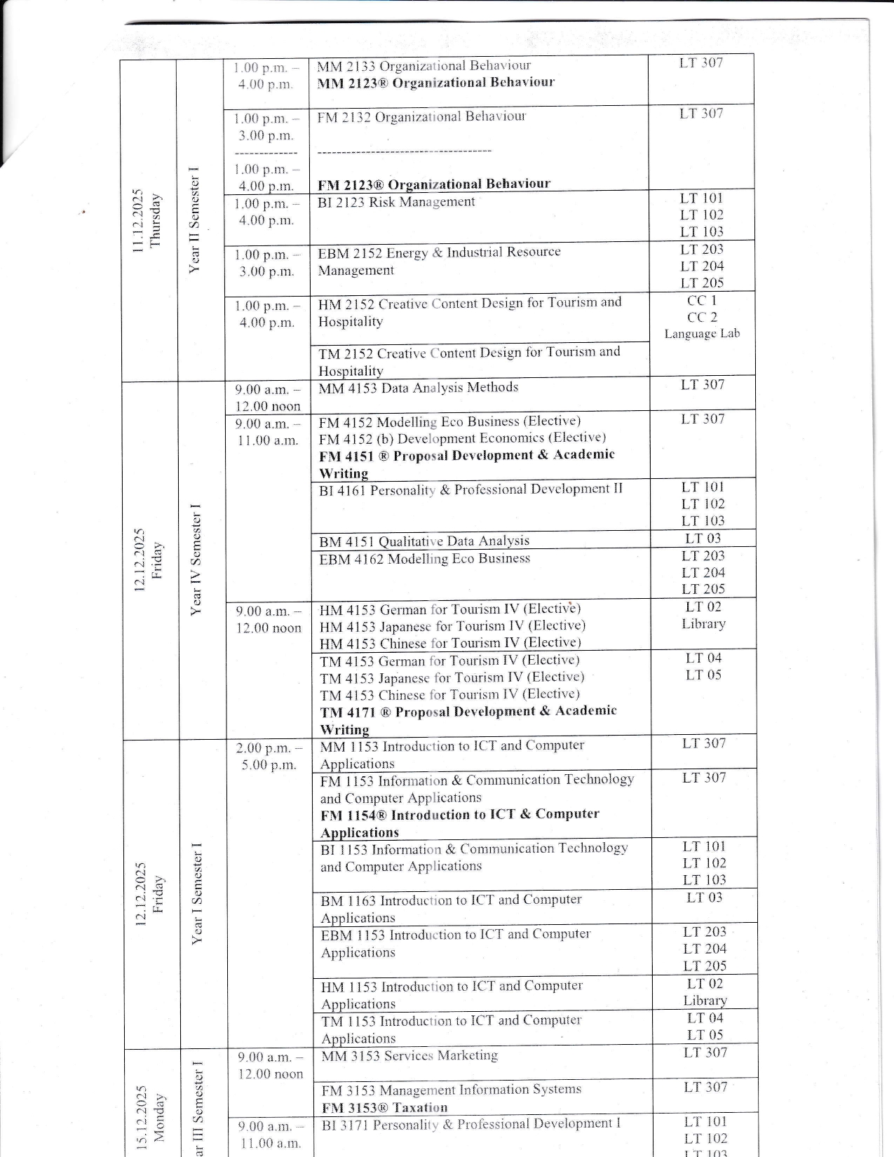 Examination Timetable December 2025/January 2026