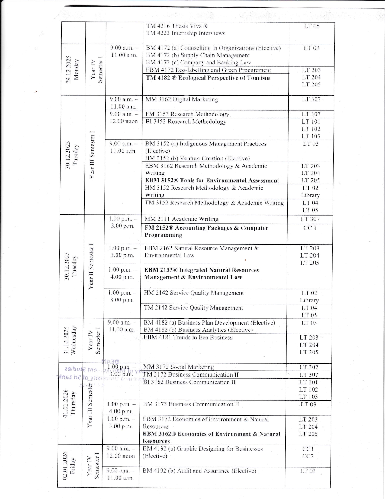 Examination Timetable December 2025/January 2026