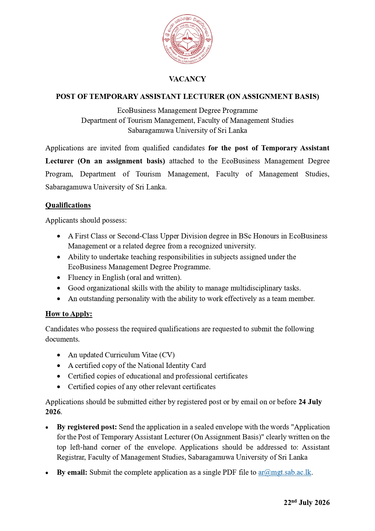 VACANCY POST OF TEMPORARY ASSISTANT LECTURER (ON ASSIGNMENT BASIS)