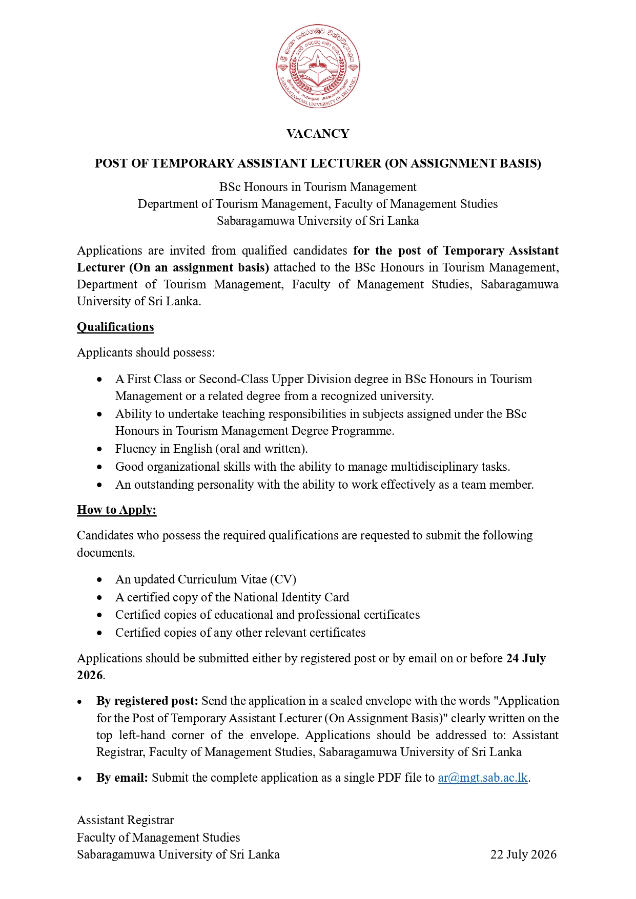 VACANCY POST OF TEMPORARY ASSISTANT LECTURER (ON ASSIGNMENT BASIS)