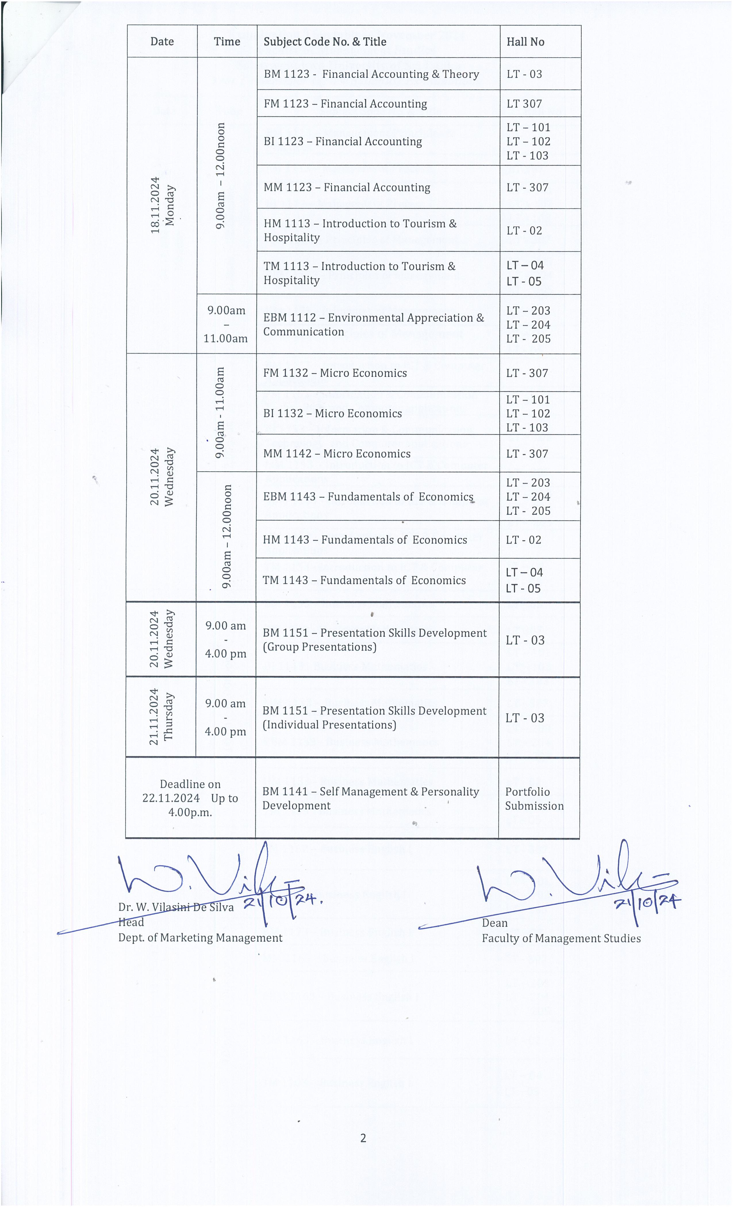 Notice : Examination Timetable  Year I Semester I