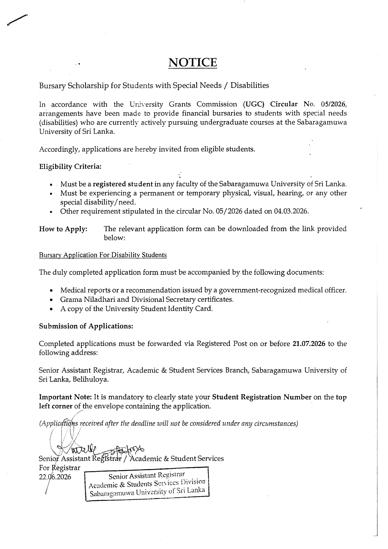 Application for Bursary - Disability Student