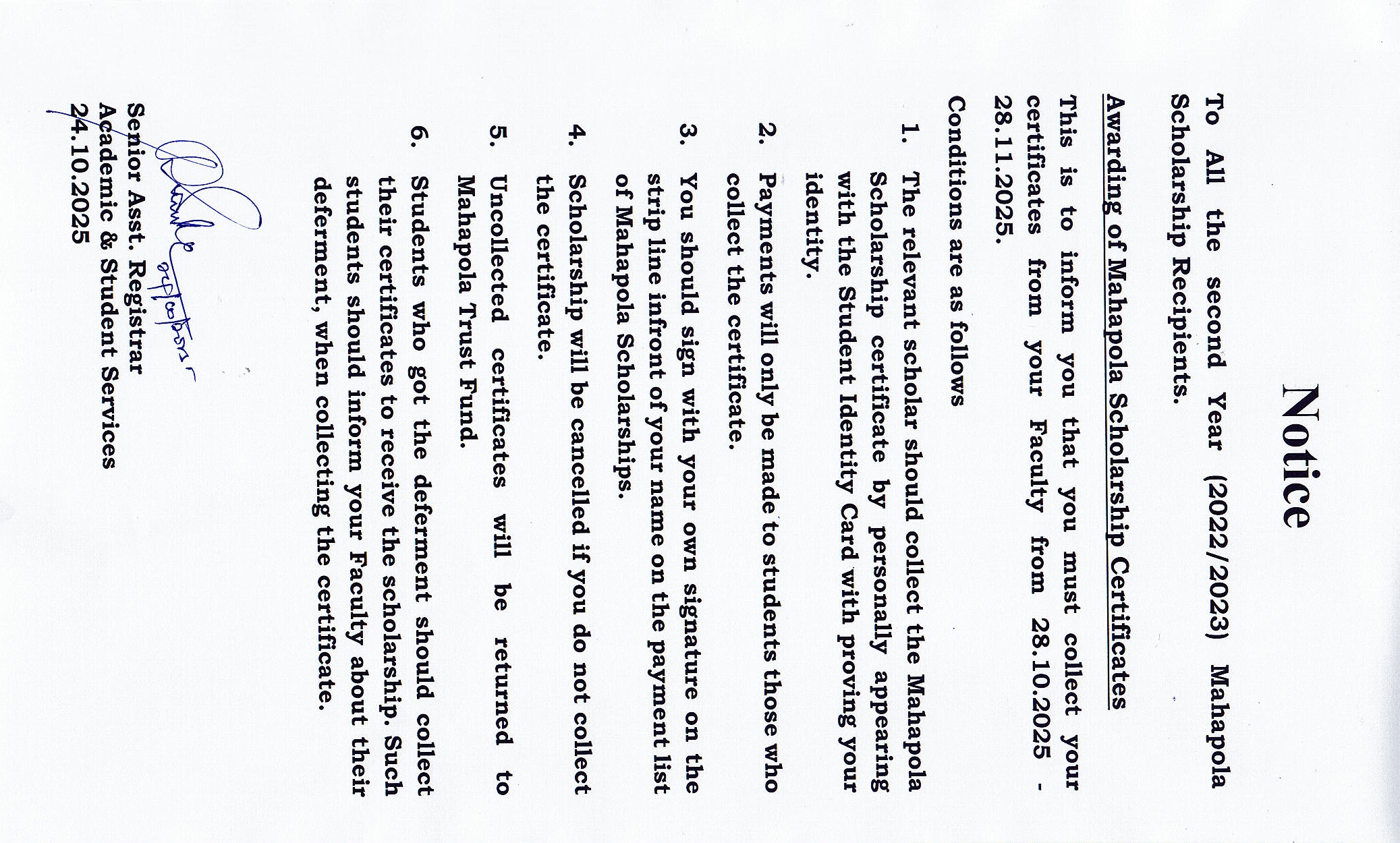 Mahapola Certificate -2022/2023