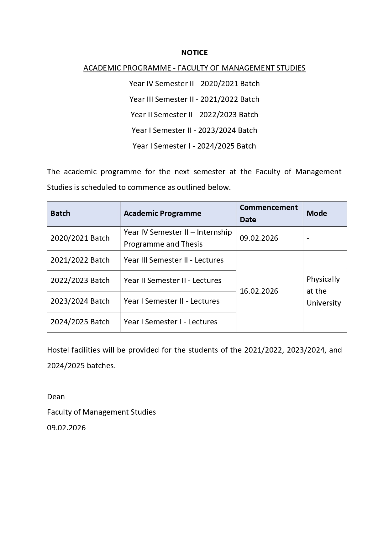 NOTICE  ACADEMIC PROGRAMME
