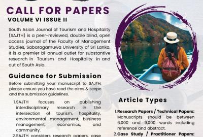 CALL FOR PAPERS – South Asian Journal of Tourism and Hospitality (SAJTH -Volume VI Issue II)